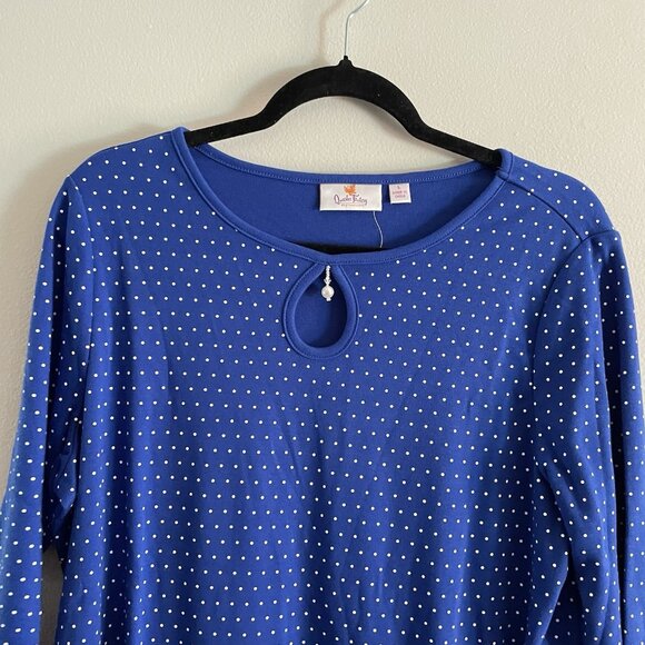 Quacker Factory Sz L Blue Polka Dot Pearl Charm Keyhole 3/4 Sleeve T-Shirt NWOT - Picture 5 of 11
